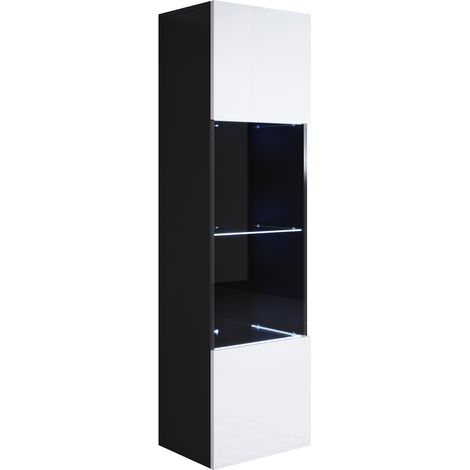 Vitrine murale 1 porte avec LED  Meuble de Rangement suspendu  40x165x29cm  4 compartiments  Modèle Luke V6  Noir et Blanc Finition brillante