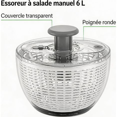 Essoreuse à salade manuelle 6 L avec poignée ronde et couvercle transparent, essoreuse de légumes grande capacité, ustensile de cuisine pour salades fraîches (1/5)