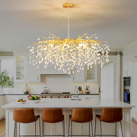 Luxus Kristall Haengeleuchte Gold 140 cm extra lange Pendelleuchte mit E14 und K9 Kristallen hoehenverstellbar moderne Designer Deckenlampe fuer grosse Esstische