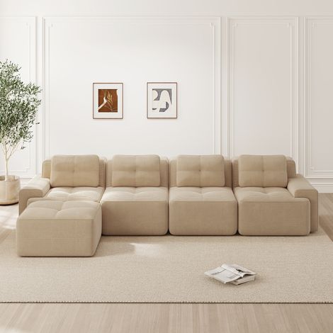 Divano modulare 4 posti beige in velluto a coste con chaise longue, seduta profonda e base antiscivolo (1/5)