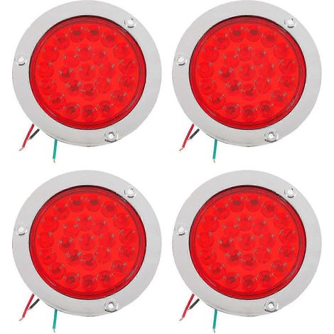 Lot de 4 feux arrière ronds à LED rouges pour remorque, 24 LED, montage sur bride, étanches, chromés, 10 cm (4 pouces), feu stop.