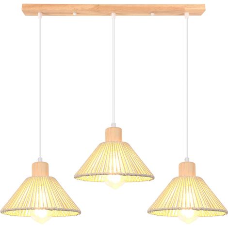 3 Lampes Suspension Luminaire en Rotin et Bois Vintage 22cm Plafonnier Abat-jour Tissage Lustre Style Bohème Rétro E27 Suspension pour Salle à Manger Salon Cuisine Restaurant (Barre, Blanc)