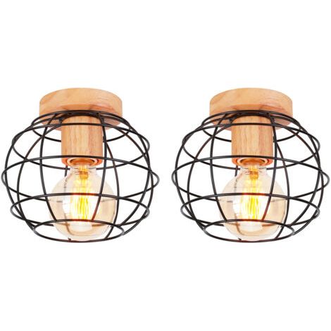 royaluxe- (2X) Plafonnier Rétro Lampe De Plafond Modernes Luminaire Plafonnier En Bois Et Métal Plafonniers D'Intérieur Noir Pour Chambre À Coucher Cuisine
