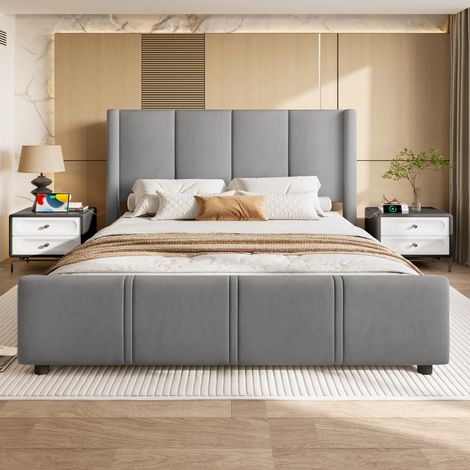 Letto matrimoniale 160x200cm Testiera ergonomica porte USB supporto antiscivolo comfort quotidiano velluto grigio (Senza materasso) (1/5)