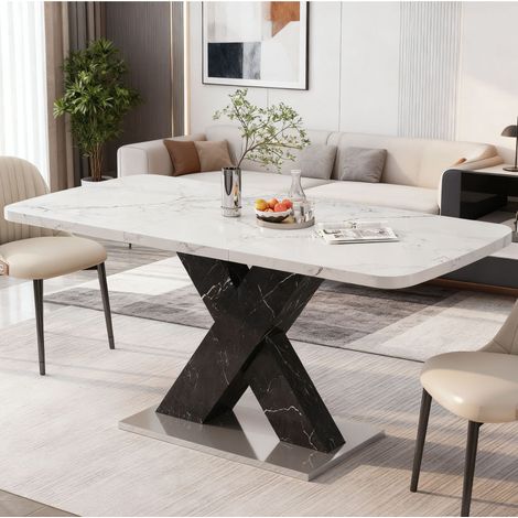 Table de salle à manger rectangulaire extensible moderne de 120 à 160 cm, plateau en marbre blanc imprimé, pieds de table noirs en MDF en forme de X avec base en métal (1/5)