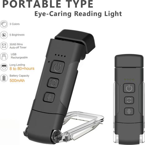 Lampe de lecture à pince noire rechargeable USB, 9 LED, 3 températures de couleur, 5 niveaux de luminosité, minuterie 30‑60min, anti‑lumière bleue pour livre, lit, voyage (1/5)