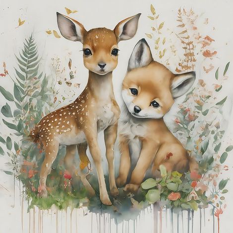 Papier peint panoramique Enfants - Animaux de la Forêt - 130 cm x 130 cm (1/2)