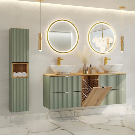 Conjunto de lavabo doble de 160 cm con cesto para ropa sucia y pilar verde jade y madera (1/4)