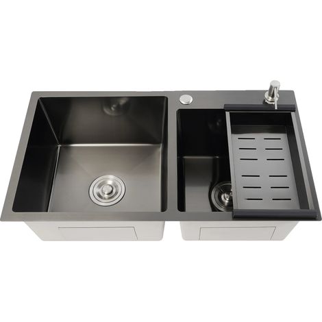 Évier de cuisine, double bac, en acier inoxydable durable, noir (1/2)