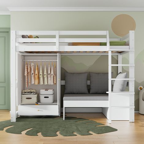 Letto a soppalco 90x200 cm - Letto bambino con armadio, divano-ripostiglio, barriera di sicurezza, scala di sicurezza, rete a doghe, legno massiccio, design moderno, Bianco (1/5)