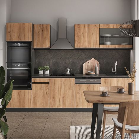 Küchenzeile R-Line, Goldkraft Eiche/Anthrazit, 300 cm J-Shape, mit Hochschrank, ohne Arbeitsplatte, Vicco