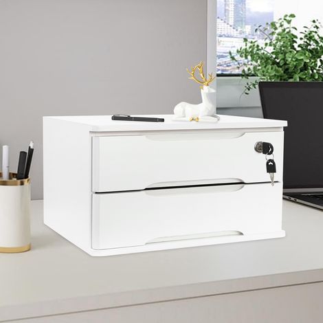 Meuble de rangement à deux étages avec serrure, bac de rangement en bois pour bureau, support de rangement de bureau, meuble de rangement pour fournitures de bureau, équipé d'une serrure, blanc (1/5)
