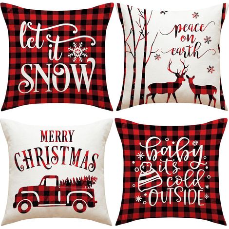 Lot de 4 housses de coussin, lin rustique, motif Noël cerf, fermeture éclair invisible, décoration salon (1/5)