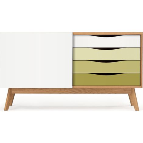 Buffet 4 tiroirs & 1 porte "Avon" 128cm Chêne & Vert (1/5)