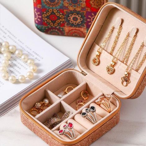 Boîte à bijoux de voyage vintage portable - Coffret rangement pour boucles d'oreilles, colliers, bagues - Motif floral (1/4)