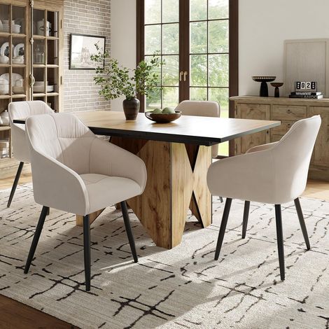 Table de salle à manger rectangulaire avec plateau en MDF veiné et structure robuste - 138,5 x 80 x 75 cm - Naturel (1/5)