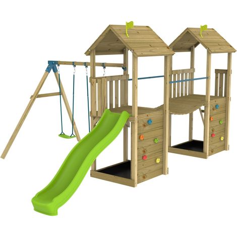 AIre de jeux XXL 2 tours, pont suspendu et toboggan - bois FSC® - LAURIER SKYWOOD (1/5)