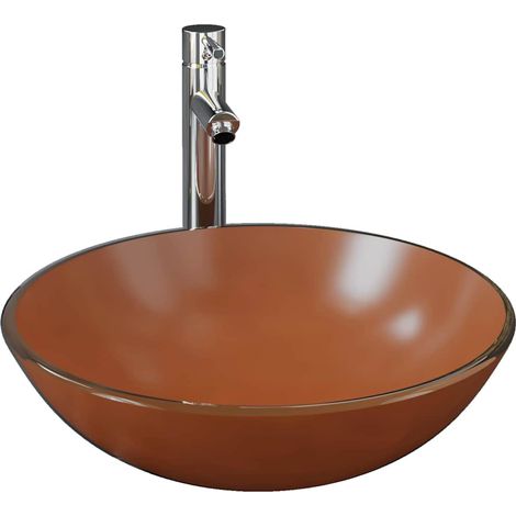 Lavabo vasque à poser Luxueux, Bac à laver, avec robinet et drain à poussoir Verre trempé OIB6423E (1/5)