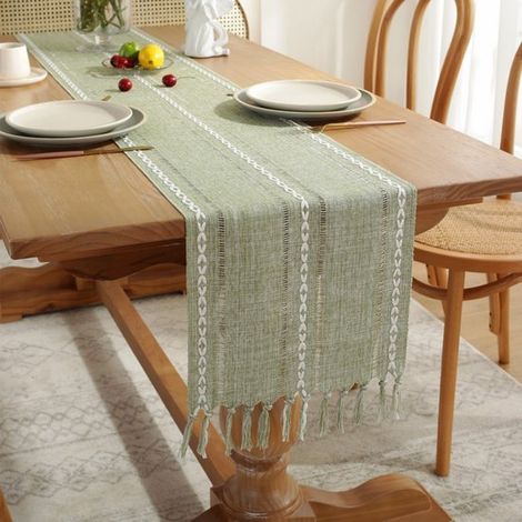 Camino de mesa tejido a mano con borlas,mantel verde hierba de 200x33cm,funda moderna y sencilla,mantel largo de algodón y lino,tela decorativa (1/5)