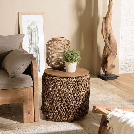 SIXTINE - Table d'appoint ronde diam50 rotin plateau bois teck recyclé (1/5)
