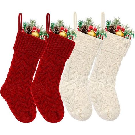 Lot de 4 chaussettes de Noël – 45 cm – Blanches et rouges – Décoration – Pour cheminée ou sapin (1/5)