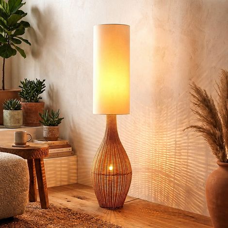 LED Stehlampe Rattan Optik braun Boho Stehleuchte Textil Wohnzimmerlampe weiß Beistellleuchte, Kunststoff, 2x 9W 2x 810lm warmweiß, DxH 27 x 125 cm (1/5)