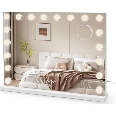 Miroir Maquillage Hollywood - 18 Ampoules LED, 80 x 60 cm - Blanc Contrôle Tactile, 3 Modes Luminosité Réglable, sur Table et sur Mur, Port Type C et USB (1/5)