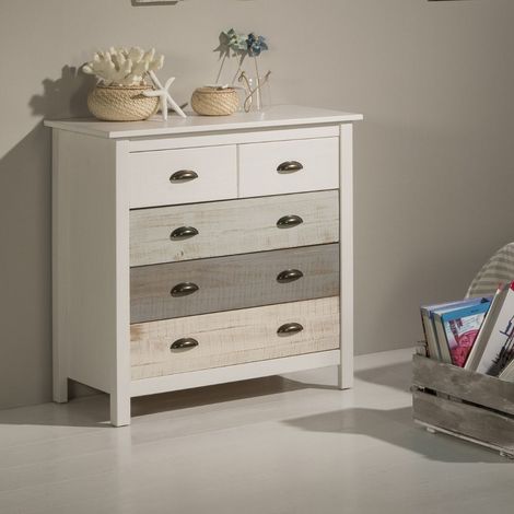 Cómoda de madera maciza con 5 cajones en blanco grisáceo y crema 79x40x80H cm - Romantica (1/5)