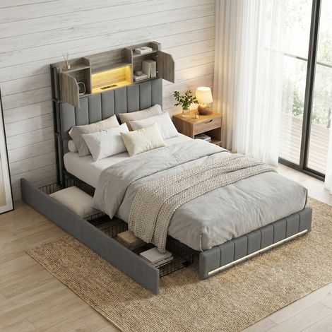 Letto singoli 90x200, 2 cassetti, illuminazione LED e stazione di ricarica(USB/Type-C), testiera con vano contenitore, lino, stile moderno scandinavo(90x200cm, Grigio)