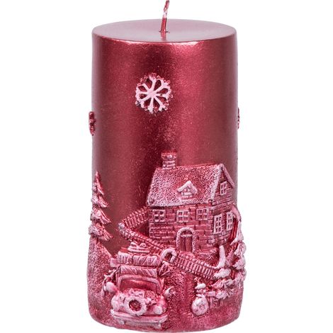 Kerze MagicHome Weihnachten, 7x12,5 cm, zylindrisch, rot, mit 3D-Landschaft (1/2)