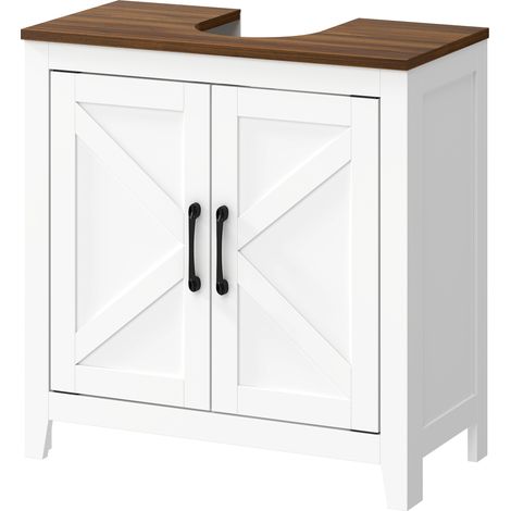 Meuble sous-évier de style rustique avec étagère réglable et 2 portes de style grange, blanc (1/5)
