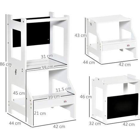 Échelle Montessori 2 en 1 amovible en MDF (avec tabouret et tableau noir), 3-6 ans, blanche (1/5)