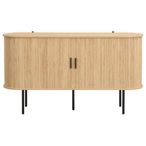 Buffet à bords arrondis imitation chêne à cannelures, pieds fins métalliques noirs, étagères modulables, 140×40×78cm, meuble de rangement multi-usage pour salon et entrée (1/5)