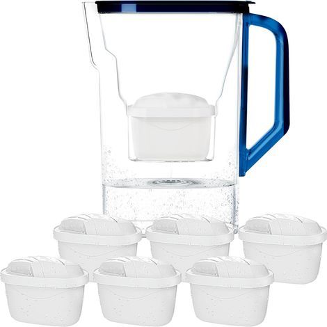 Wessper Filter Jug with Filter, Fridge Door Carafe 2.7 L, Cartridges with Activated Carbon and Ion Exchange Resin, Pitcher Set of 6 Filters – Blue (1/4)