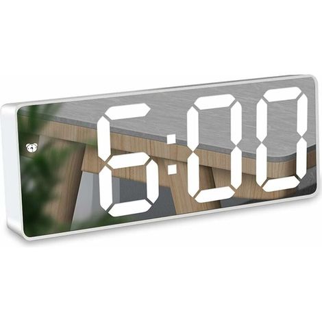 Spiegelwecker, digitaler Wecker mit 6,5-Zoll-LED-Datums-/Temperaturanzeige, Schlummerwecker mit einstellbarer Helligkeit für Reisen/Schlafzimmer/Büro/Küche, USB-betrieben und Batterie-Backup, Weiß