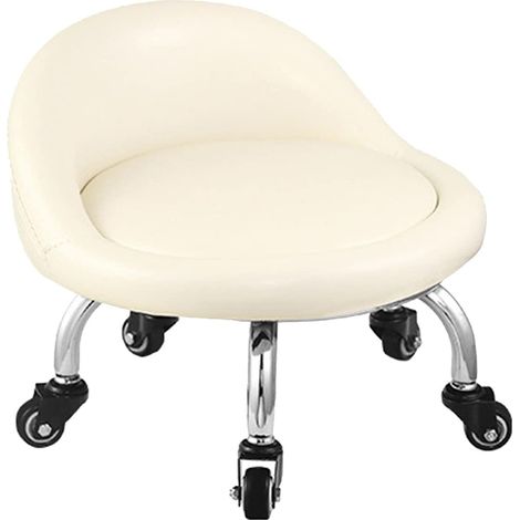 Low Stool with Wheels, Mini Low-Legged Stool with Wheels, Faux Leather Backrest, Low-Profile Metal Base, 360° Round Leather Bench with 5 Wheels for Home Office or Gym (White) (1/5)
