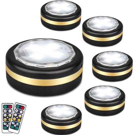 Lámpara LED redonda con mando a distancia，funciona con pilas，luz cálida de 4000K，apta para armarios，cocinas y vestidores (6 unidades，color negro) (1/5)