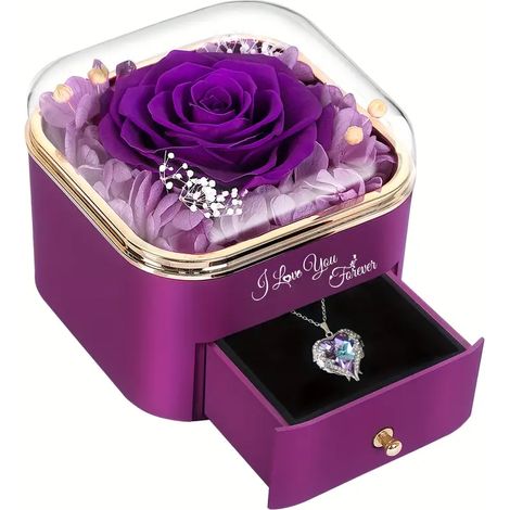 Rose véritable stabilisée avec collier, cadeau floral pour femme, maman, épouse et petite amie, Noël, Saint-Valentin, fête des mères, anniversaire, cadeau d'anniversaire pour elle, 1 ensemble (1/5)