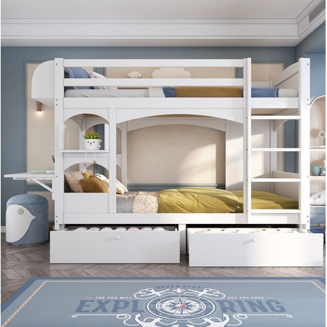 DESVIAE Lit superposé enfant avec bureau rabattable étagère et 2 tiroirs en bois massif 90 x 200 cm blanc (1/5)