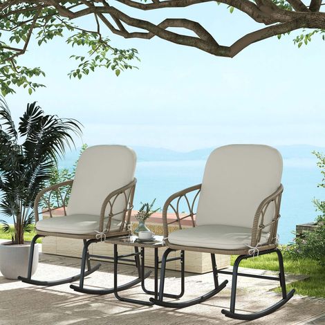 Salon de jardin 3 pièces en résine tressée avec 2 fauteuils à bascule, table basse en verre trempé et coussins, jaune (1/5)