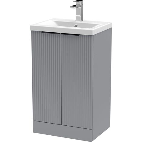 Fluted Front Floor Standing 2 Soft Close Door Bathroom Vanity Unit with 1 Tap Hole Basin, 500mm, Satin Grey, Black Handles (1/5)