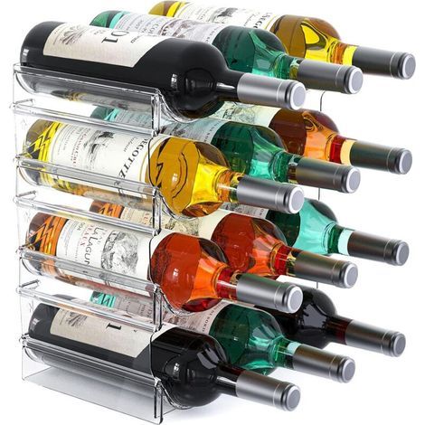 4-stöckiges, stapelbares Flaschenregal mit 12 Behältern – freistehend – für Küchenarbeitsplatten, Tische, Speisekammern, Bars, Schränke und Kühlschränke – Transparent (1/5)
