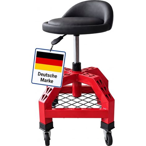 Relaxdays Werkstatthocker. Rollen, höhenverstellbar, Montagehocker, 136kg, HBT 50x40x40cm, Gasdruckfeder, Metall, rot (1/5)