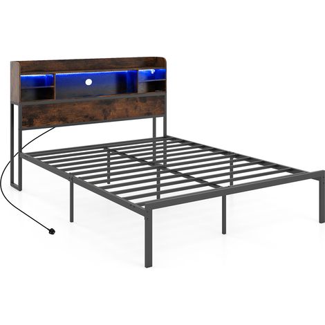COSTWAY King Size Bed Frame with Adjustable LED Lights Charging Ports Black (1/5)