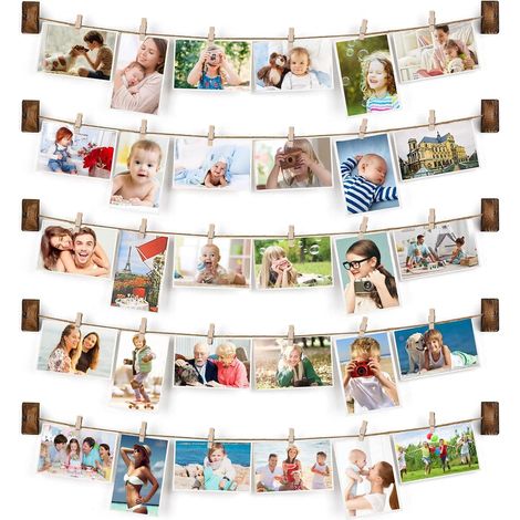 Ensemble de 5 cadres photo collage à suspendre au mur, avec 30 pinces pour afficher vos photos, noir anthracite. (1/5)