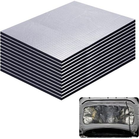Lot de 12 tapis isolants autocollants 25 x 18 cm pour l'isolation phonique et thermique, en feuille d'aluminium et mousse, adaptables aux portes, capot et coffre. (1/5)