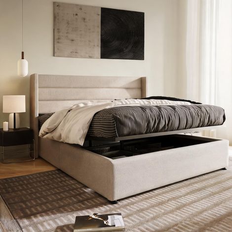 Cadre de lit beige en lin 214,5 x 153,5 x 114 cm (1/5)
