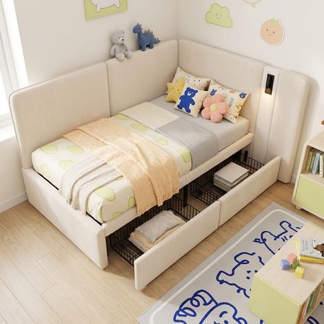 Lit enfant rembourré 90x200 cm en velours beige avec 2 tiroirs, port USB et liseuse intégrée, lit simple pratique avec rangement pour chambre (1/5)