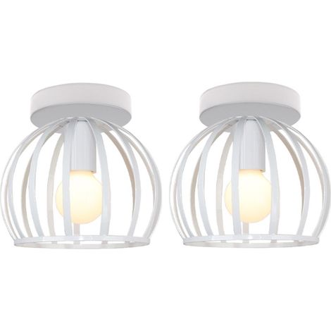 (2X) Lampe De Plafond Rétro Luminaire Plafonnier Cage En Métal Plafonnier Design Rond E27 Pour Chambre Café Restaurant 20CM, Blanc (1/5)