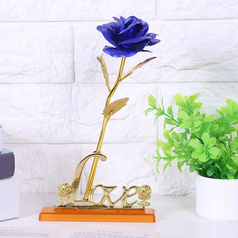 Rose artificielle fleur or 24 carats feuille bleue, cadeau Saint-Valentin romantique, déco maison table, lot fleurs dorées (1/5)